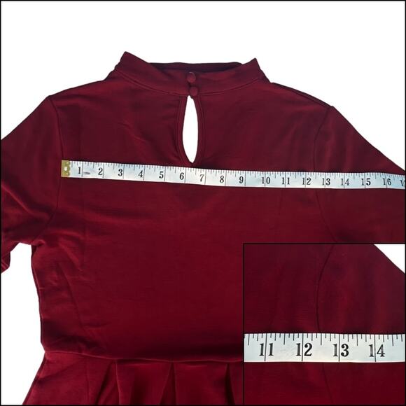Burgundy Choker Collar Drop Waist Tunic Dress Pleated With Pockets Size Small - Picture 8 of 11